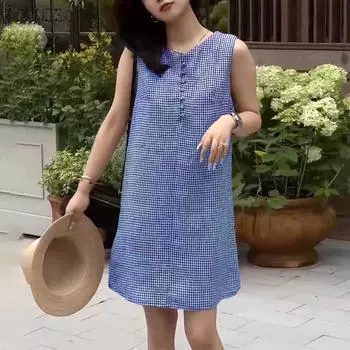 ZANZEA Womens Summer Casual Grid Print Sleeveless Dress S темно-синий