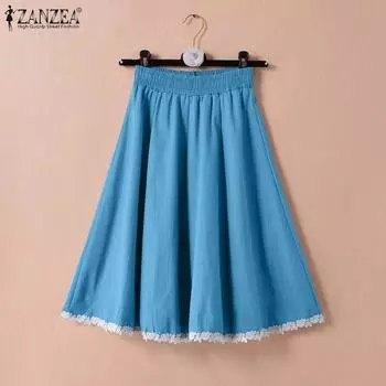 ZANZEA Женские летние повседневные кружевные свободные юбки А-силуэта S синий