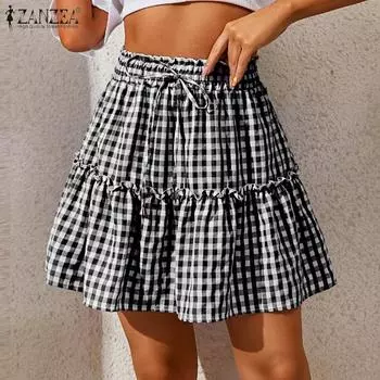 ZANZEA женская летняя повседневная клетчатая кружевная резинка на талии домашняя короткая юбка S чёрный