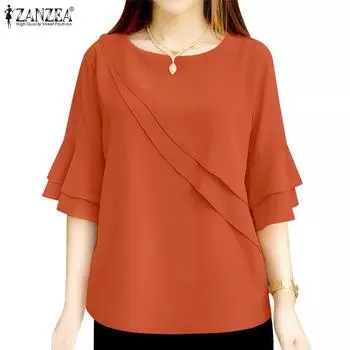 ZANZEA Womens Summer Casual Round Neck Half Sleeve Loose Blouse M оранжевый
