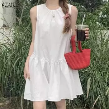 ZANZEA Womens Summer Casual Round Neck Loose Sleeveless Dress S темно-синий