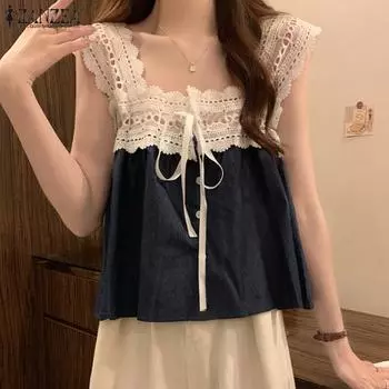 ZANZEA Женские летние кружевные майки с квадратным вырезом и бретельками 4XL фиолетовый