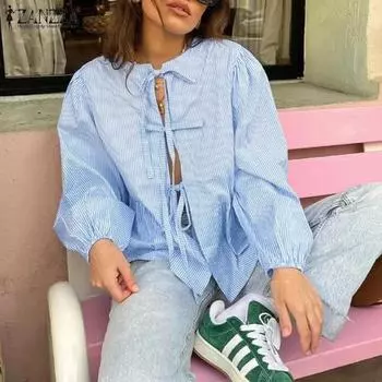 ZANZEA Женская летняя сексуальная блузка в полоску с длинным рукавом и шнуровкой M чёрный