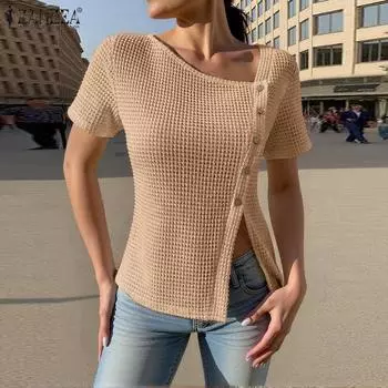 ZANZEA Womens Summer Round Neck Casual Short Sleeve Blouse XL розовый