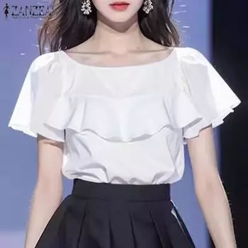 ZANZEA Женские летние блузки с короткими рукавами и круглым вырезом с оборками S белый