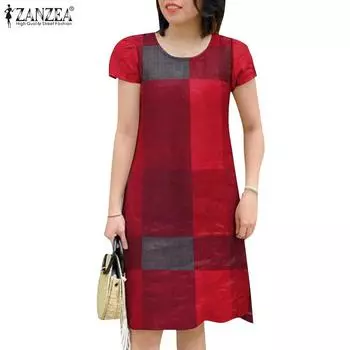 ZANZEA Womens Summer Round Neck Short Sleeve Grid Print Dress S тёмно-синий