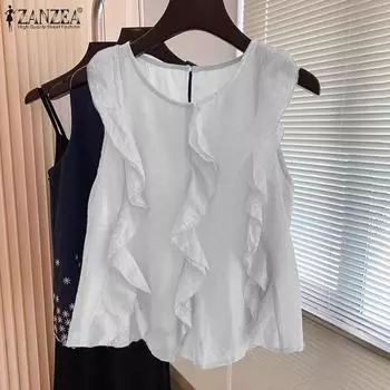 ZANZEA Womens Summer Round Neck Sleeveless A-Line Ruffle Tanks