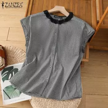 ZANZEA Женские летние рубашки без рукавов с круглым вырезом в клетку S чёрный