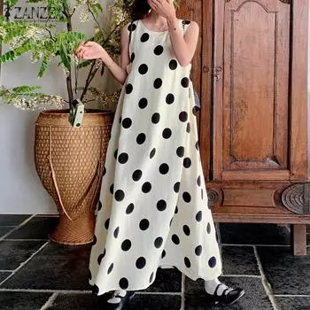 ZANZEA Женская летняя ночная рубашка с круглым вырезом без рукавов в горошек 4XL зелёный