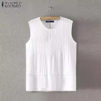 ZANZEA Женские летние майки без рукавов с круглым вырезом и кружевом в полоску S белый
