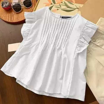 ZANZEA Женские летние однотонные топы А-силуэта с круглым вырезом и полосатыми оборками S белый