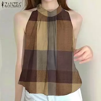 ZANZEA Womens Summer Sleeveless Grid Print Tank Tops S коричневый