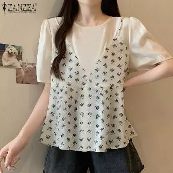 ZANZEA Женские летние блузки с цветочным принтом и галстуком-бабочкой из двух частей для дома M чёрный