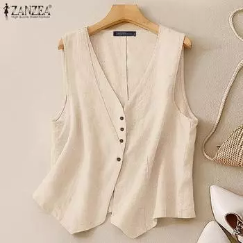 ZANZEA Женские летние майки с V-образным вырезом без рукавов на пуговицах S бежевый
