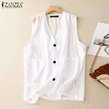 ZANZEA Женские летние однотонные свободные жилеты с V-образным вырезом S белый