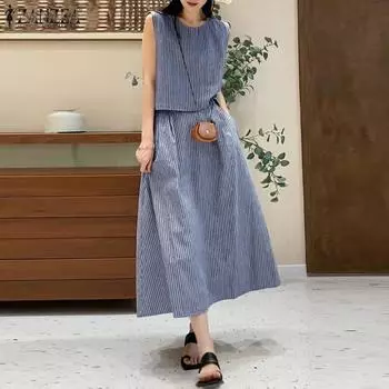 ZANZEA Womens Tank Tops and Skirts Summer Stripe Two Piece Sets 2XL красный