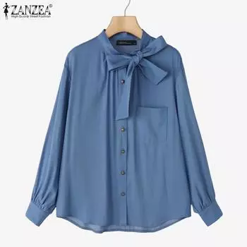 ZANZEA Womens Tied Collar Loose Casual Long Sleeve Plain Blouse S синий
