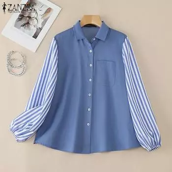 ZANZEA Womens Turn Down Ccollar Stripe Splice Long Sleeve Blouse M темно-синий