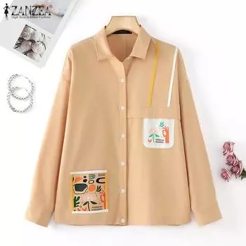 ZANZEA Womens Turn Down Collar Casual Long Sleeve Print Patchwork Blouse S оранжевый