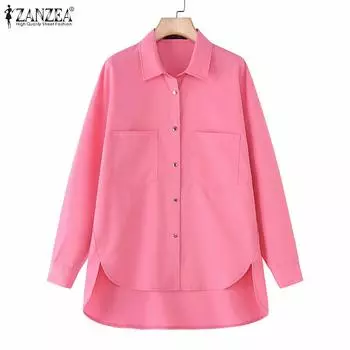 ZANZEA Womens Turn Down Collar Long Sleeve Asymmetrical Hem Blouse S розовый