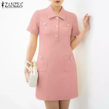 ZANZEA Womens Turn Down Collar Short Sleeve Summer Shirt Dress M розовый