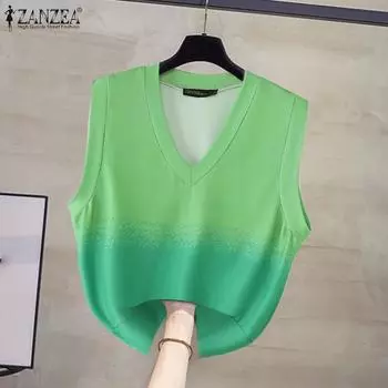 ZANZEA Womens V-Neck Summer Casual Gradient Print Sleeveless Tank Tops S зелёный