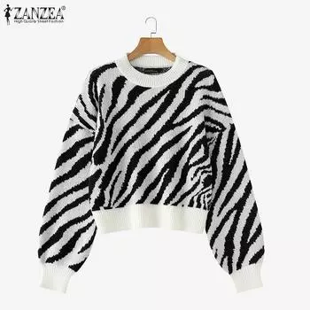 ZANZEA зебра принт вязаный свитер повседневный O-образный вырез длинный рукав женский джемпер 2XL красный