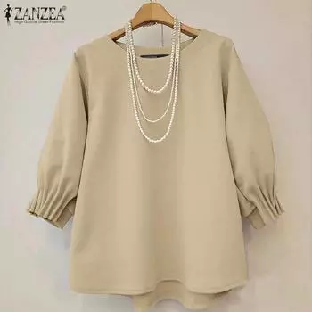 ZANZEA Женщины Женщины Осень Круглый вырез Рукава 3/4 Плиссированные свободные блузки S светло-синий