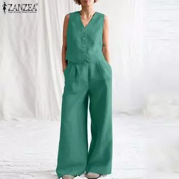 ZANZEA Женская блузка без рукавов и брюки повседневные комплекты из двух предметов 5XL оранжевый