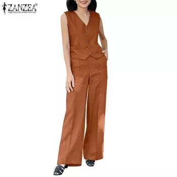 ZANZEA Женская блузка без рукавов и брюки повседневные комплекты из двух предметов 5XL оранжевый