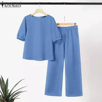 ZANZEA Женская блузка и брюки, летний повседневный костюм из двух предметов 4XL жёлтый