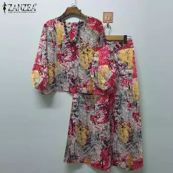 ZANZEA Женская блузка и брюки Летний повседневный комплект из двух предметов с брюками