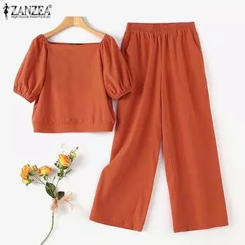 ZANZEA Женская блузка и брюки, летний повседневный брючный костюм из двух предметов 5XL хаки