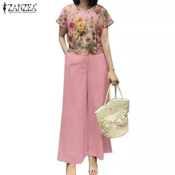 ZANZEA Женская блузка и брюки, летний повседневный брючный костюм из двух предметов M хаки