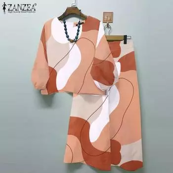 ZANZEA Женская блузка и брюки Летний повседневный комплект из двух предметов с брюками S синий