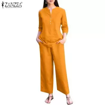 ZANZEA Женская блузка и брюки, летний повседневный костюм из двух предметов S чёрный