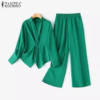 ZANZEA Женская блузка и брюки повседневный брючный костюм из двух предметов осень 5XL зелёный