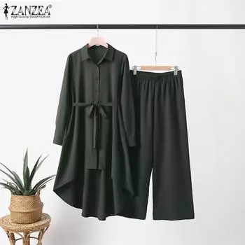 ZANZEA Женская блузка и брюки повседневный брючный костюм из двух предметов