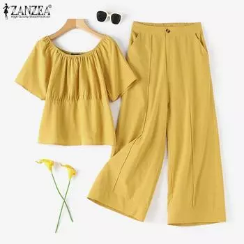 ZANZEA Женская блузка и брюки повседневный брючный костюм из двух предметов S жёлтый