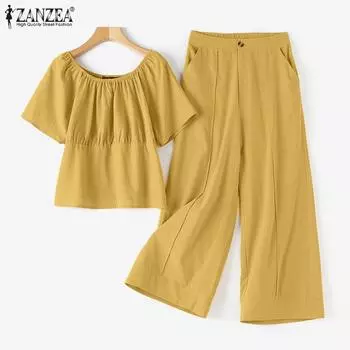 ZANZEA Женская блузка и брюки повседневный брючный костюм из двух предметов S жёлтый