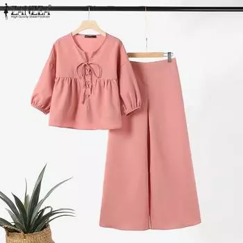 ZANZEA Женская блузка и брюки повседневный комплект из двух предметов с брюками 5XL жёлтый