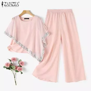 ZANZEA Женская блузка и брюки повседневный комплект из двух предметов S чёрный