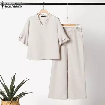 ZANZEA Женская блузка и брюки повседневный комплект из двух предметов с брюками S темно-синий