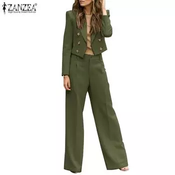 ZANZEA Женская блузка и брюки повседневный комплект из двух предметов с брюками S темно-синий