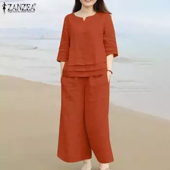 ZANZEA Женская блузка и брюки повседневный комплект из двух предметов с брюками S жёлтый