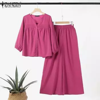 ZANZEA Женская блузка и брюки повседневный комплект из двух предметов с брюками M бежевый