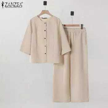 ZANZEA Женская блузка и брюки повседневный комплект из двух предметов S белый