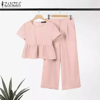 ZANZEA Женская блузка и брюки повседневный комплект из двух предметов с брюками S розовый