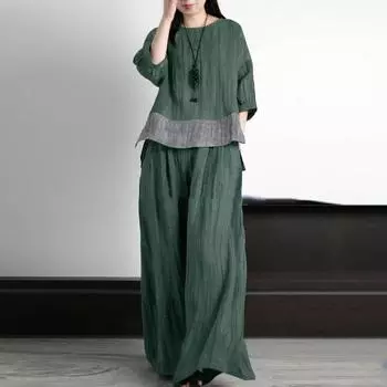 ZANZEA Женская блузка и брюки повседневный летний комплект из двух предметов с брюками S зелёный