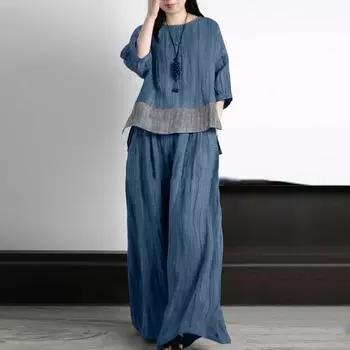 ZANZEA Женская блузка и брюки повседневный летний комплект из двух предметов с брюками L синий